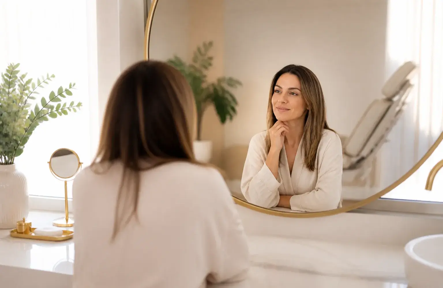 Mujer observándose al espejo durante una consulta de armonización facial en Concepción