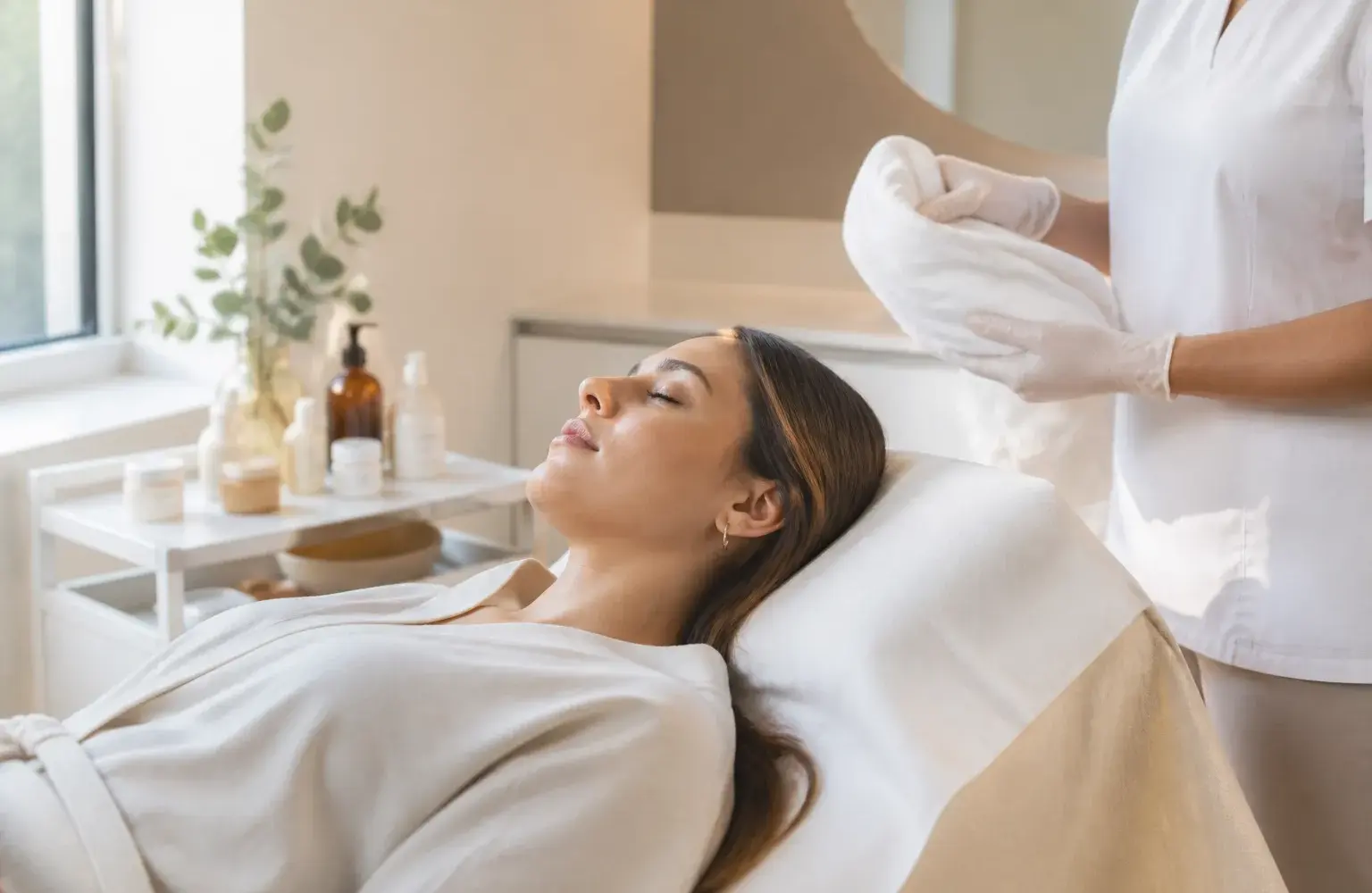 Mujer recostada en camilla durante una limpieza facial en una cabina estética luminosa en Concepción