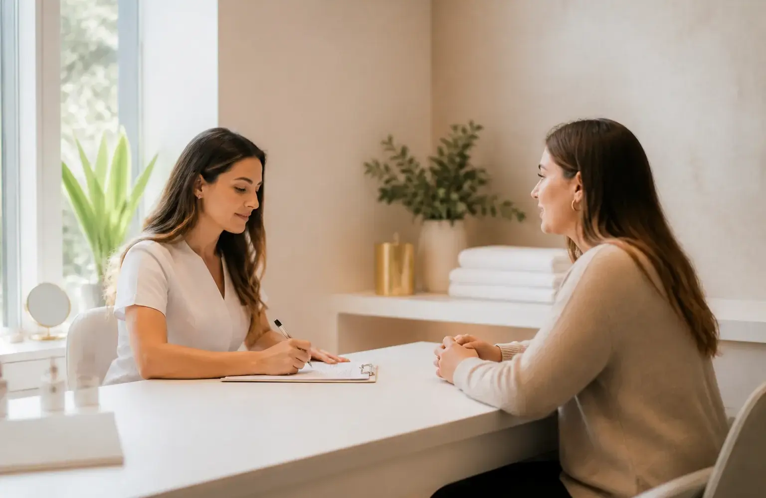 Dos mujeres conversan en la consulta de una clínica estética en Concepción antes de un tratamiento