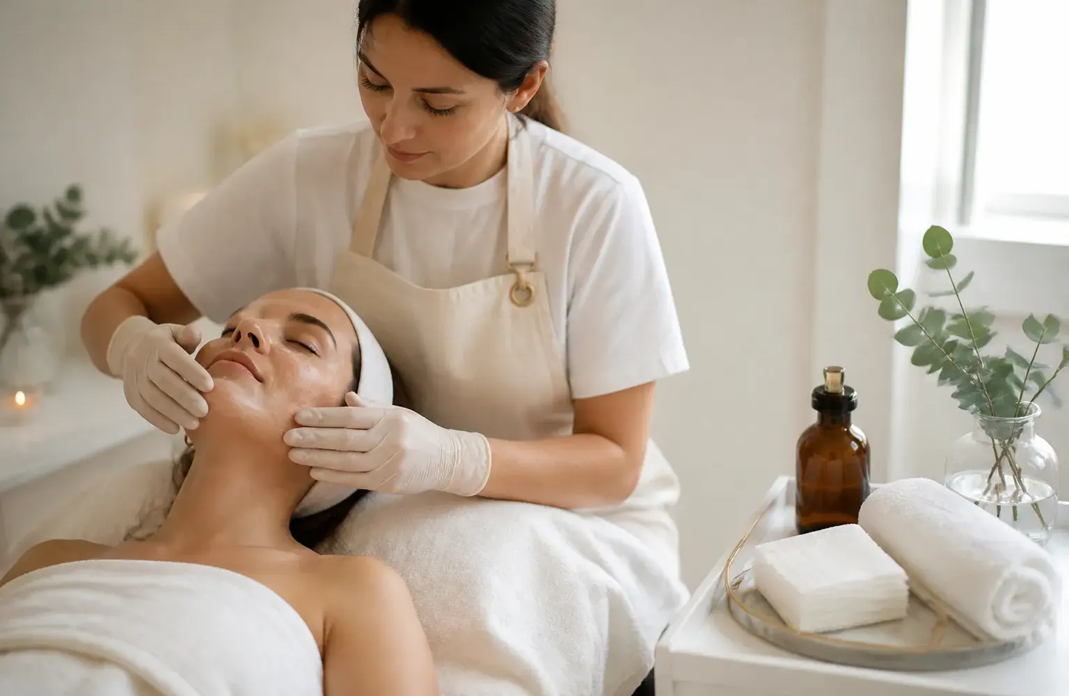 Profesional aplica crema calmante en el rostro de una mujer tras una sesión de microneedling con Dermapen en Concepción