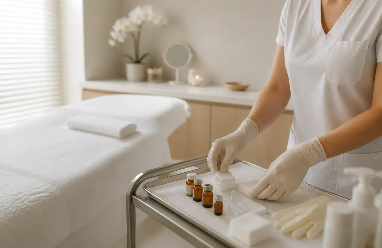 Cabina de cuidado facial preparada para una sesión de microneedling Pink Glow en Concepción
