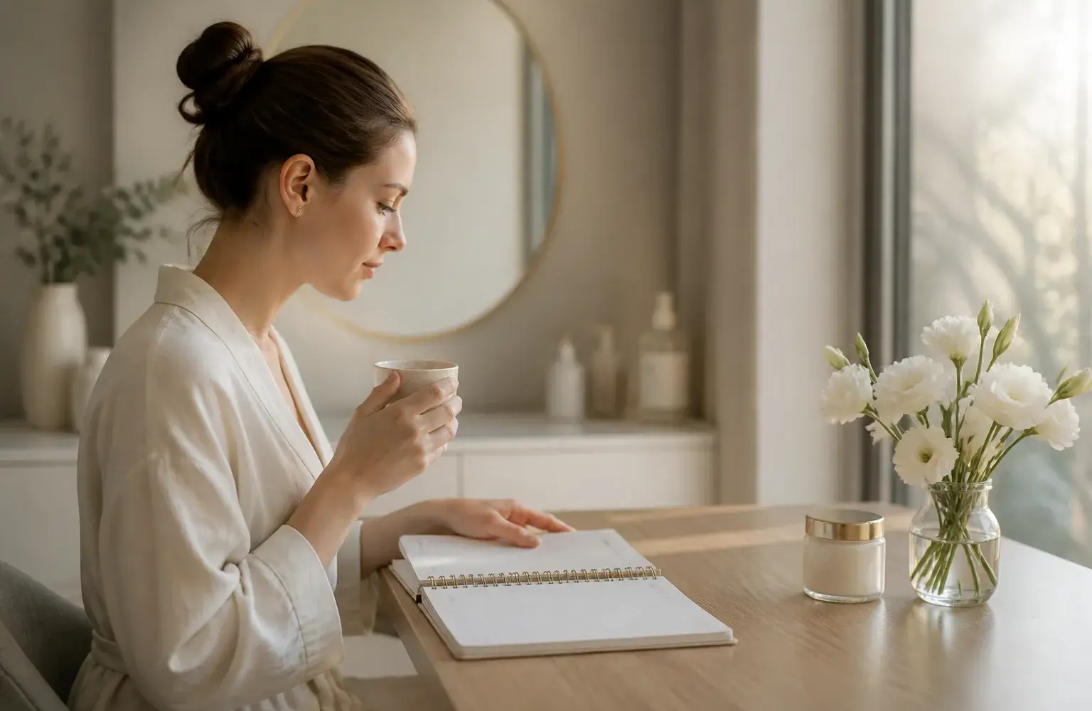 Mujer en bata revisa su agenda junto a una ventana, planificando sus tratamientos faciales antes del matrimonio
