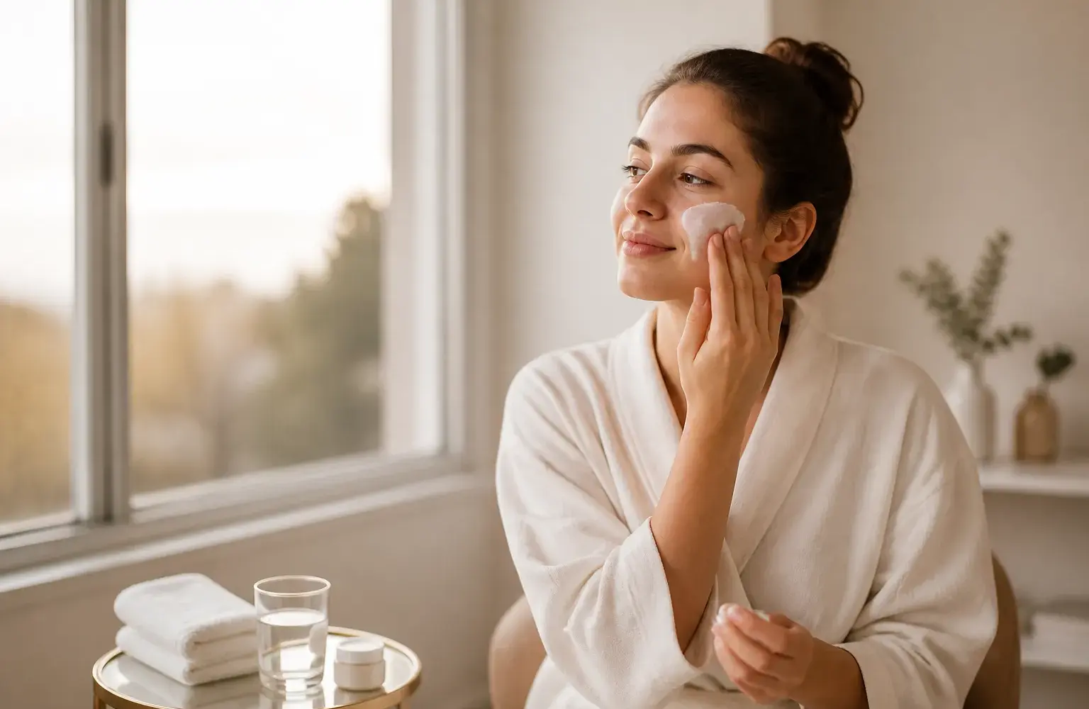 Joven aplicándose crema hidratante en una sala de cuidado facial en Concepción, junto a una ventana con luz natural