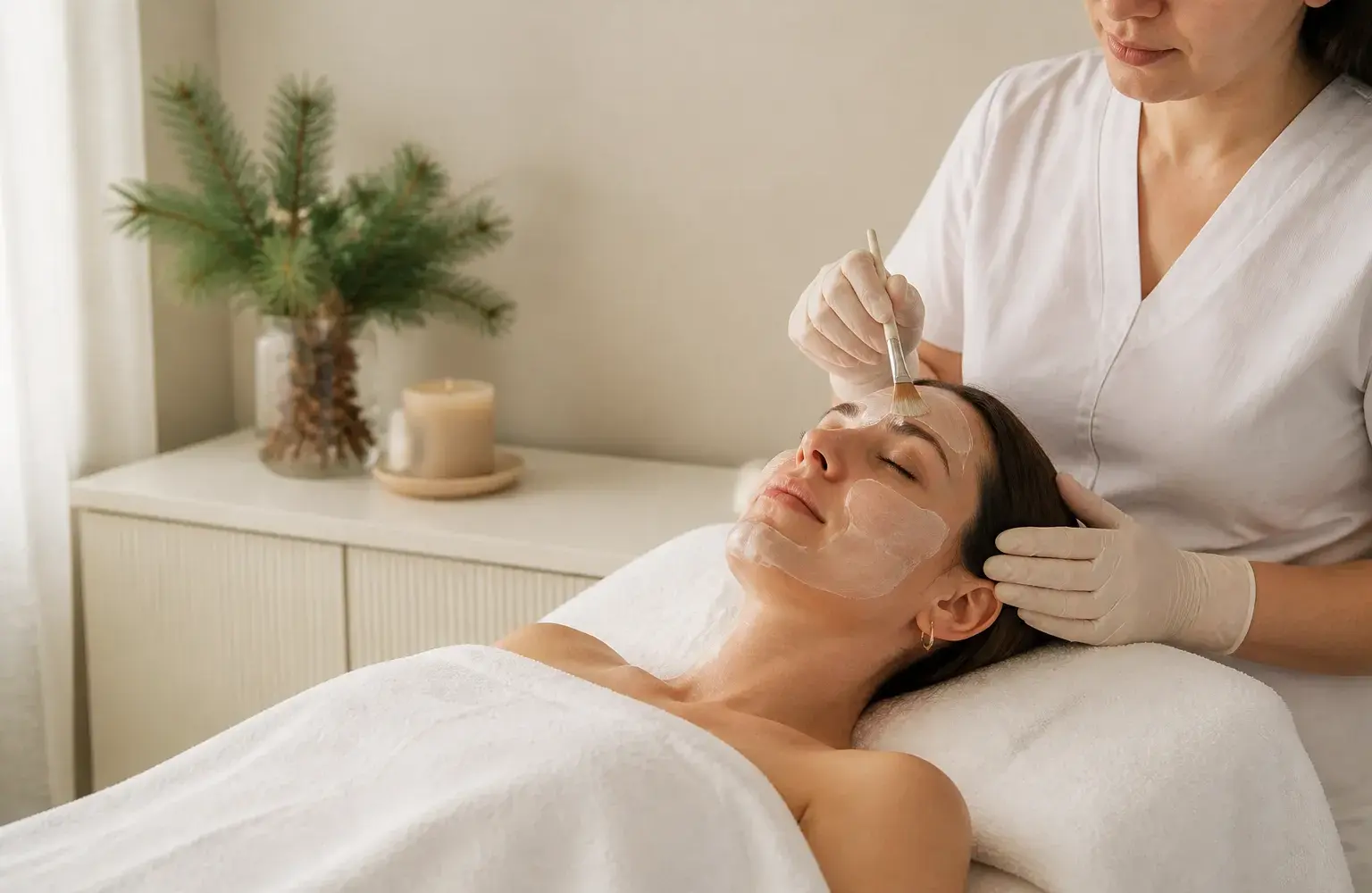 Mujer relajada recibe una mascarilla hidratante en un tratamiento facial en Concepción antes de las fiestas