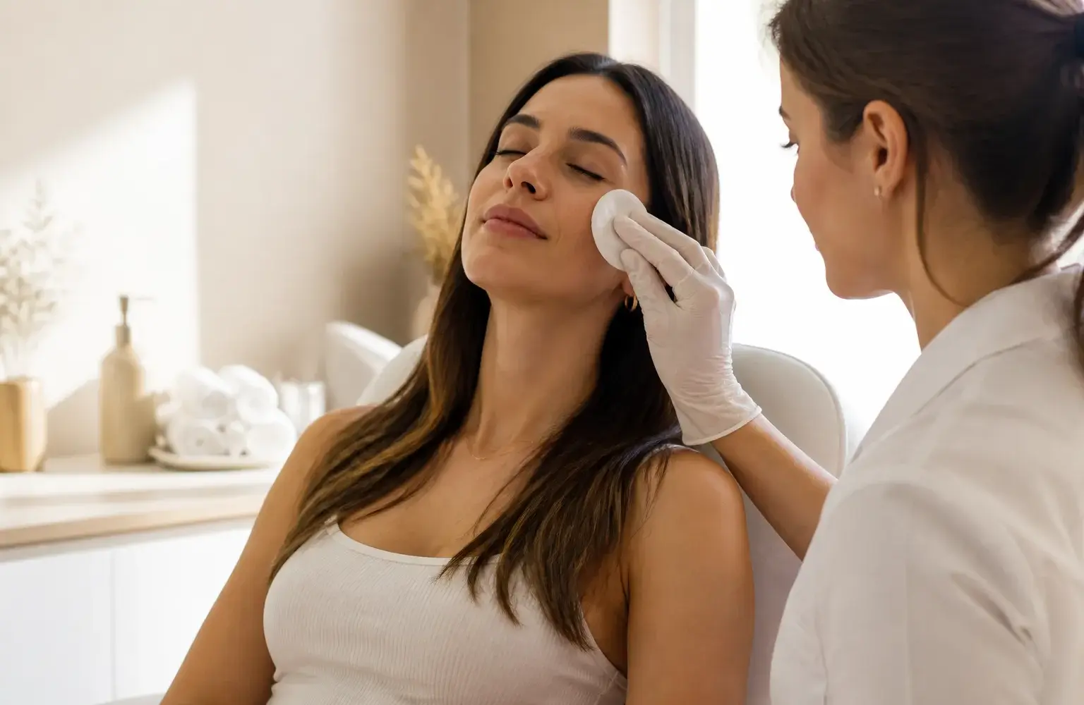 Mujer con los ojos cerrados durante una evaluación del contorno de ojos en una clínica estética de Concepción
